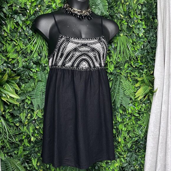 ZARA Dress Women Large Black Beige Mini Linen Blend Crotchet Boho 2227 - Picture 3 of 7